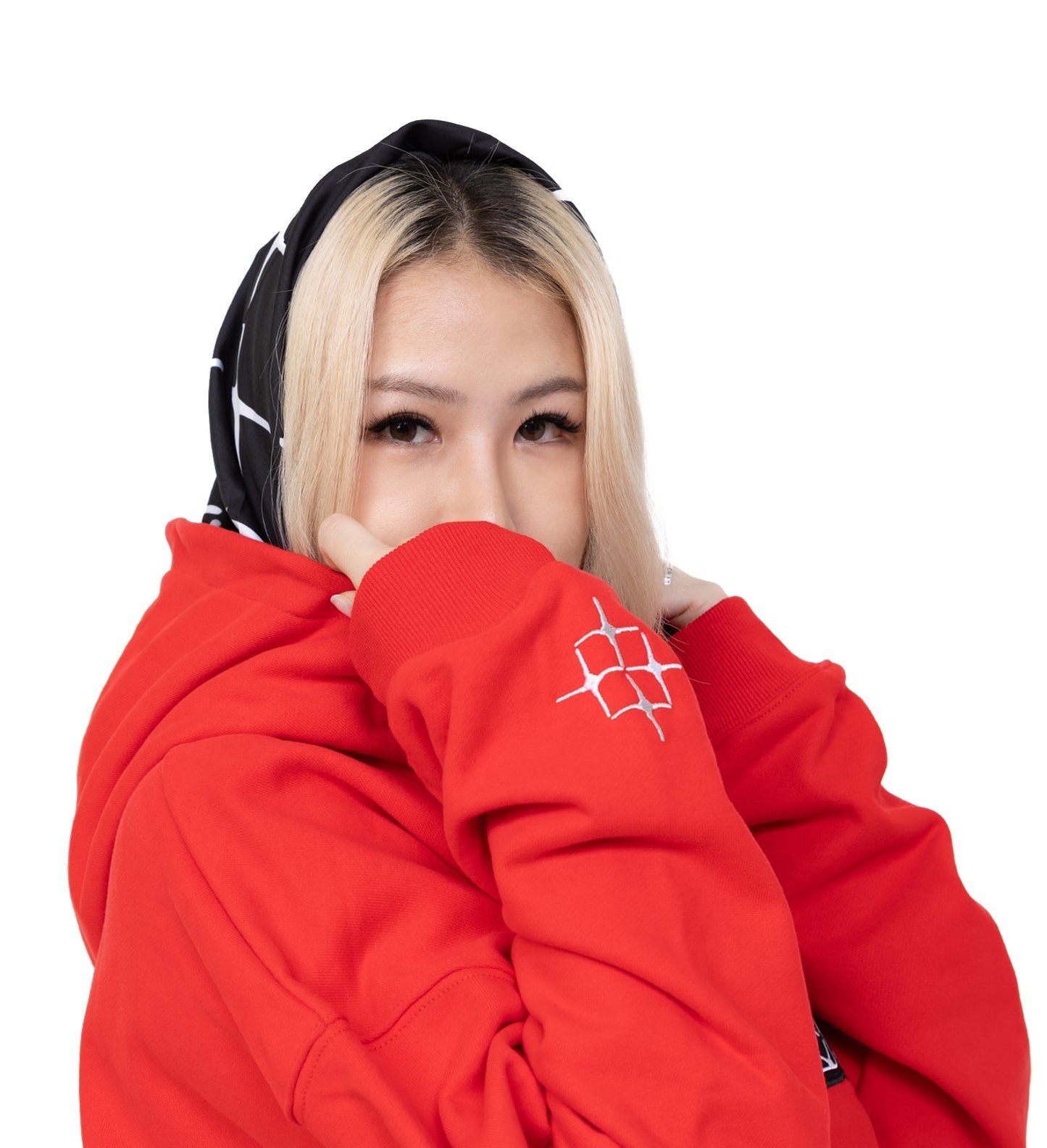 Model sleeve embroidery view of red blem hoodie