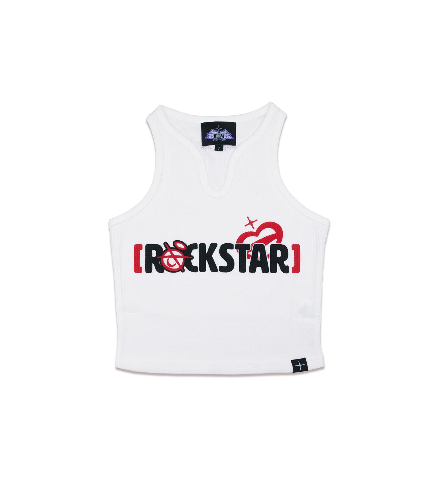 Front of white tank top with a black and red graphics spelling rockstar on the front