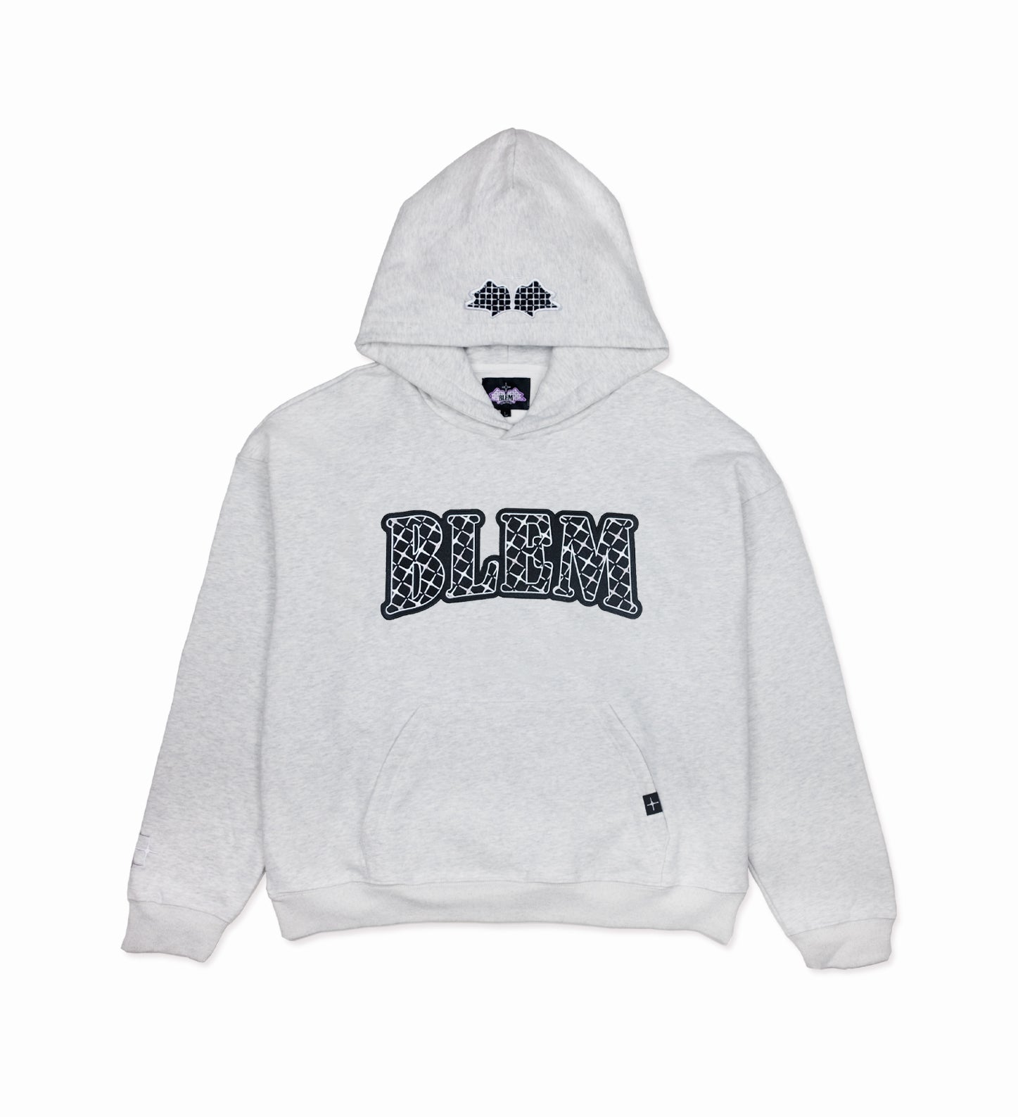 Front view of grey blem hoodie