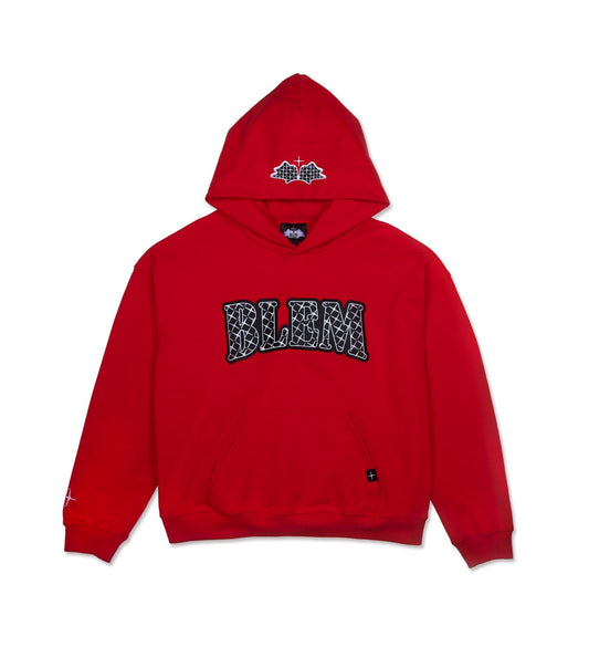 Front view of red blem hoodie