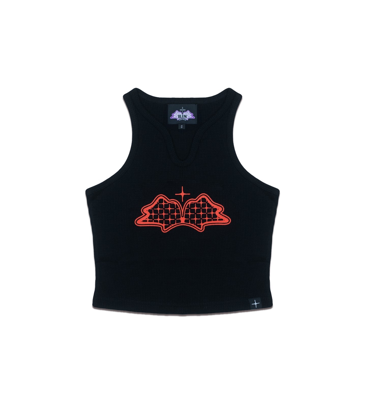 front of red blem wing crop tank top