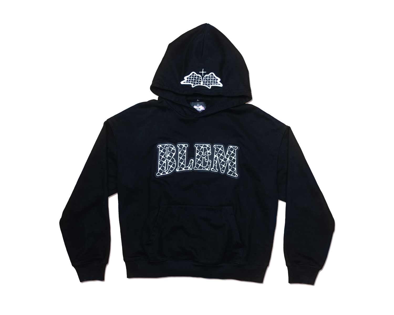 Black Blem hoodie featuring a bold logo design and cross detail, showcasing the brand's signature streetwear aesthetic.