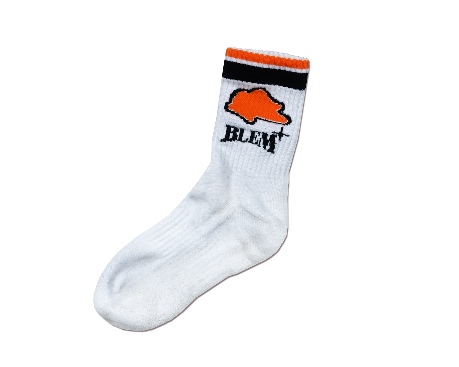 White sock featuring an orange and black design with the Blem logo and cross motif.