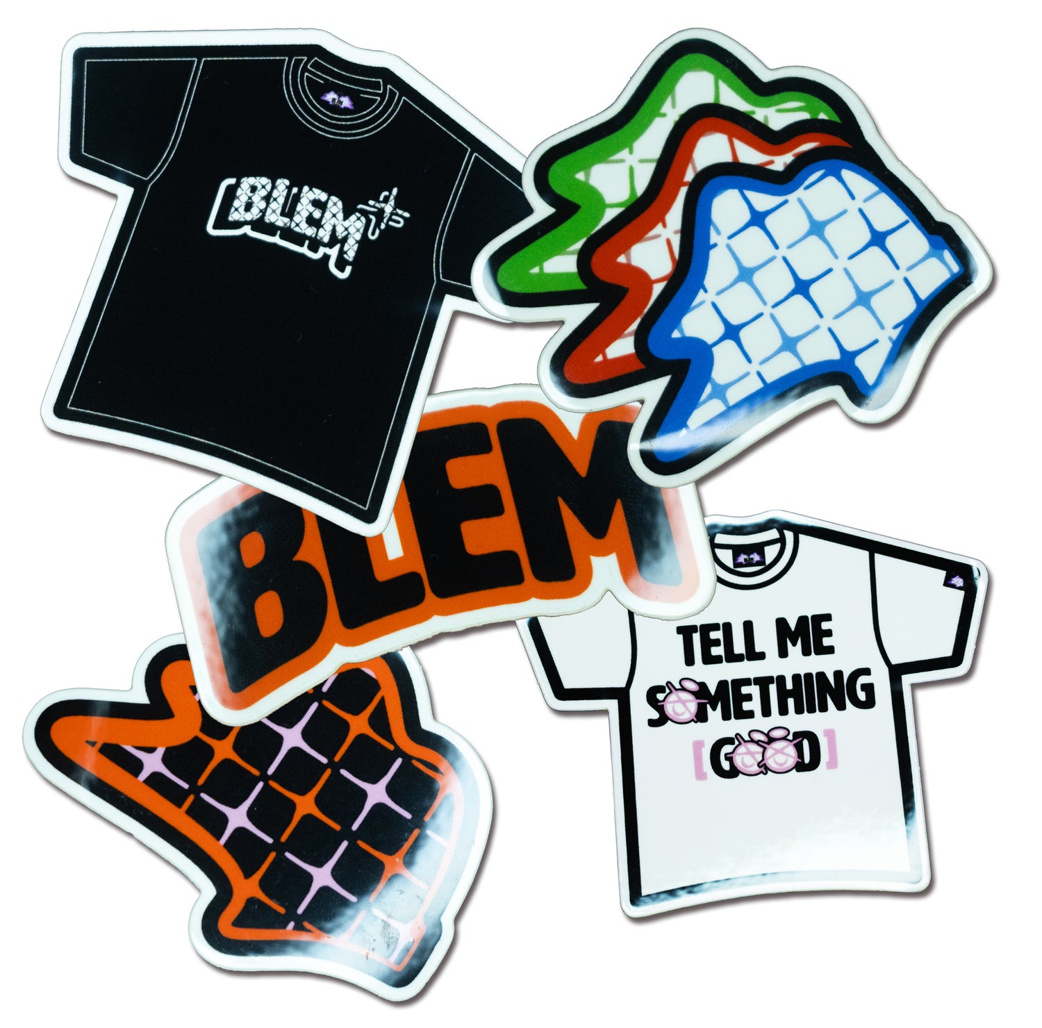 5 blem stickers with various custom graphic designs