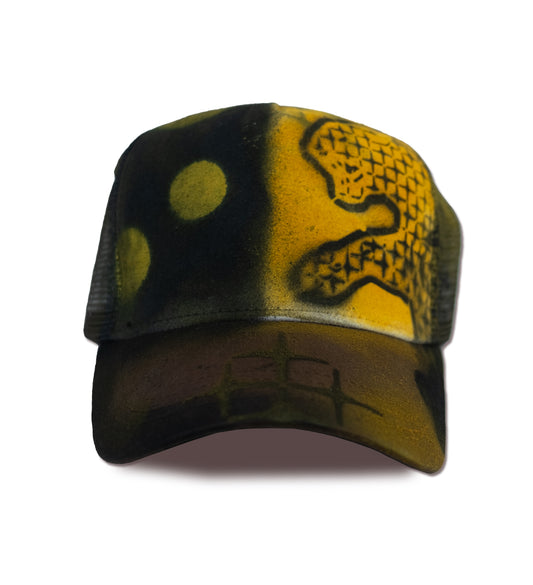 Front view of black and yellow cap