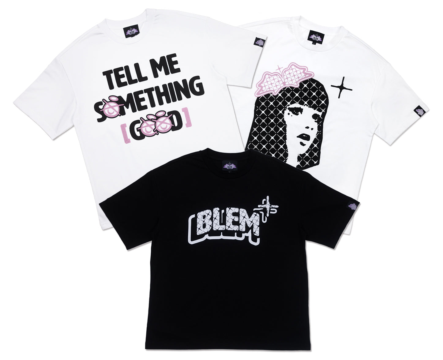 Three Blem graphic t-shirts featuring bold designs: "Tell Me Something Good," an artistic portrait, and the signature Blem logo.