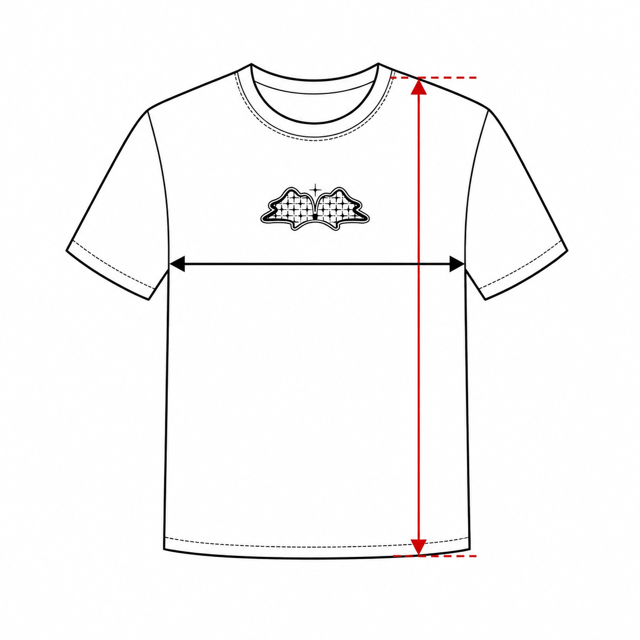 Shirt diagram showing chest width and garment length measurement arrows